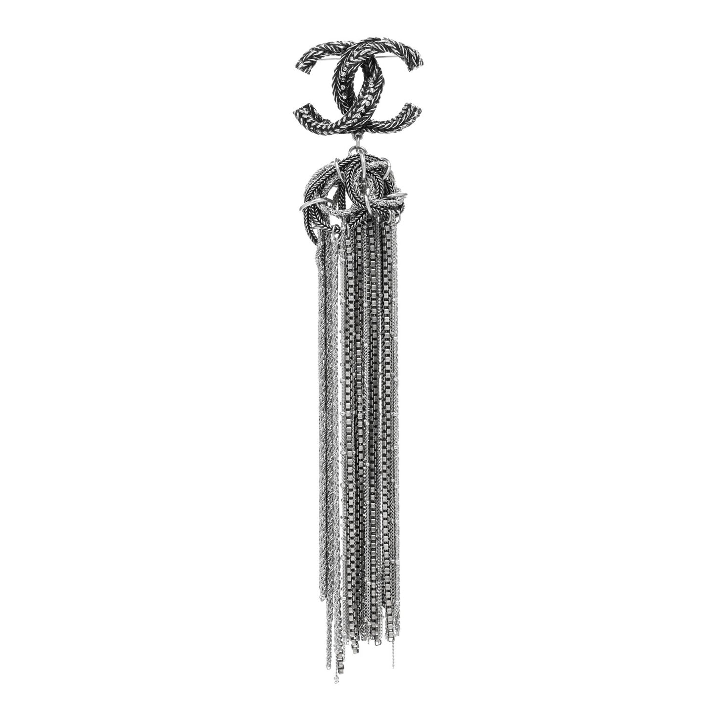 Crystal Chain Fringe CC Brooch Silver