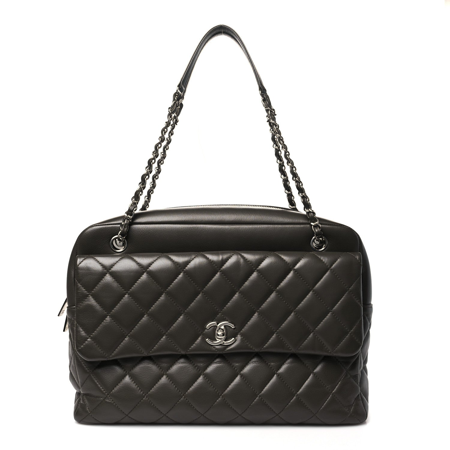 Chanel Lambskin Quilted Bowler Flap Shoulder Bag Khaki 1 of 9