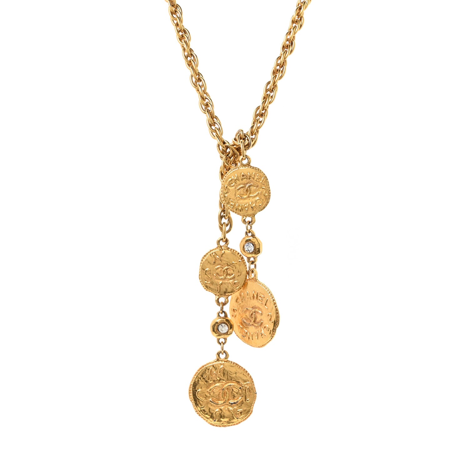 Metal Crystal CC Medallion Lariat Necklace Gold