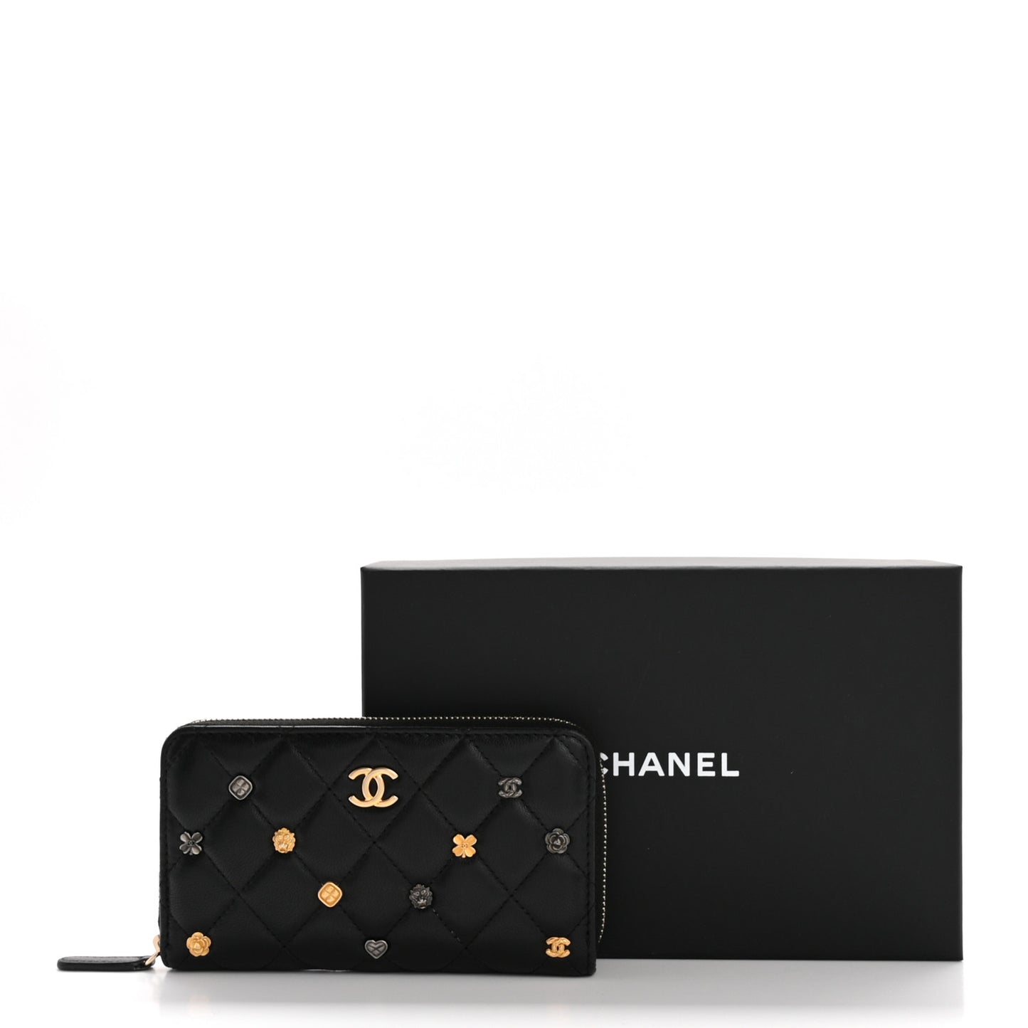 Lambskin Quilted Small Lucky Charms Zip Around Wallet Black