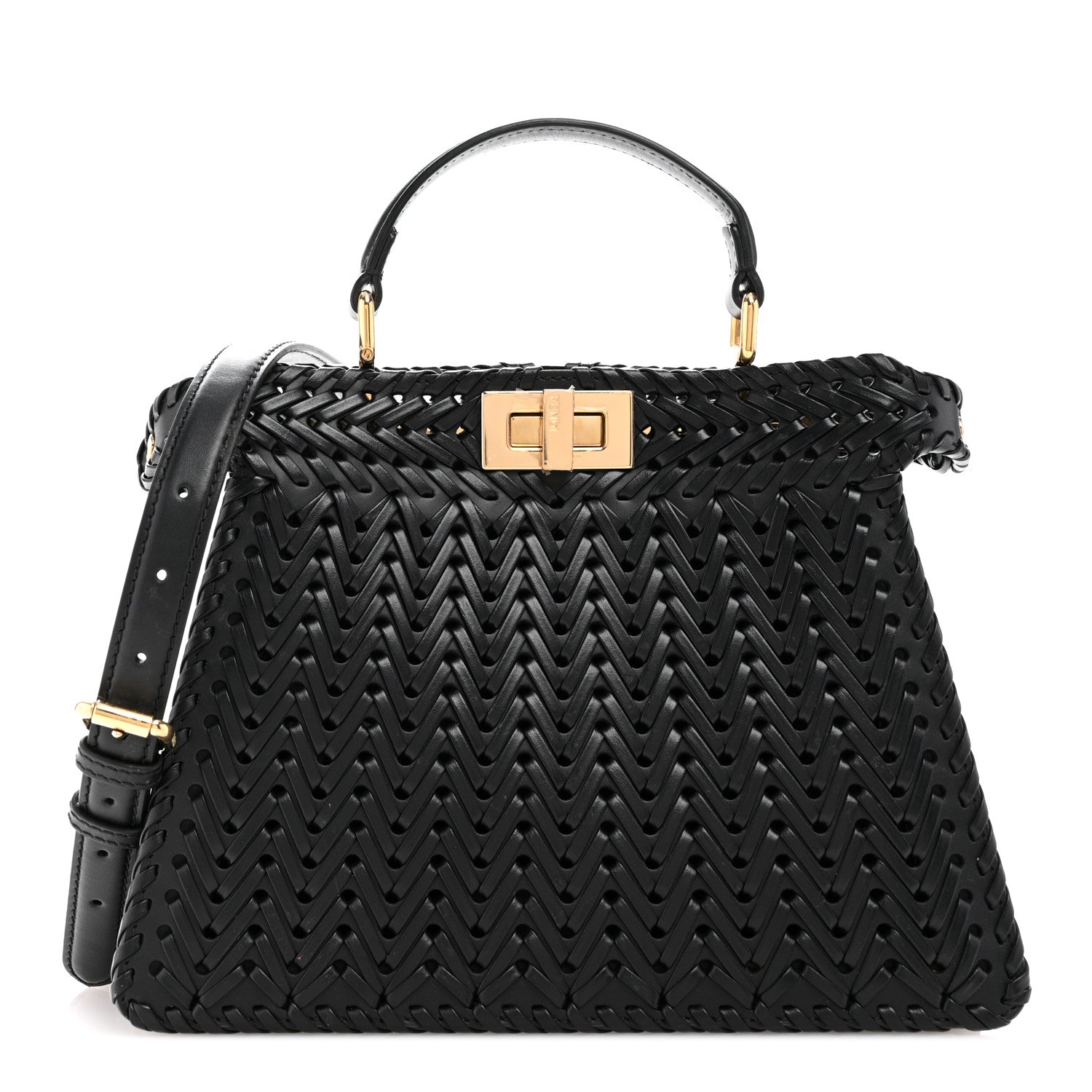 Fendi Vitello King Shiny Nappa Intreccio Petite Peekaboo I SEE U Satchel Black 1 of 12