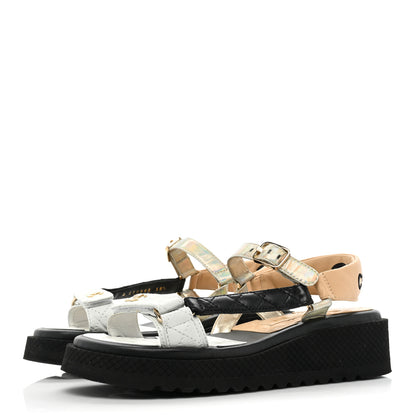 Chanel Lambskin Logo Platform Sandals 38.5 Beige Gold White 3 of 11