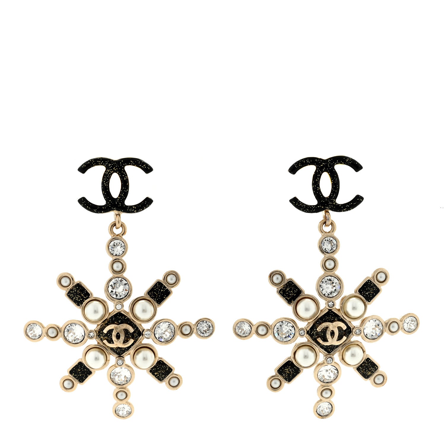 Chanel Crystal Pearl Star Glass CC Drop Clip On Earrings Gold 1 of 3