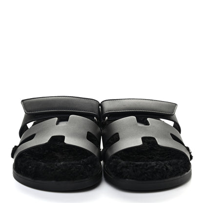 Hermes Calfskin Woolskin Womens Chypre Sandals 39 Black 2 of 8