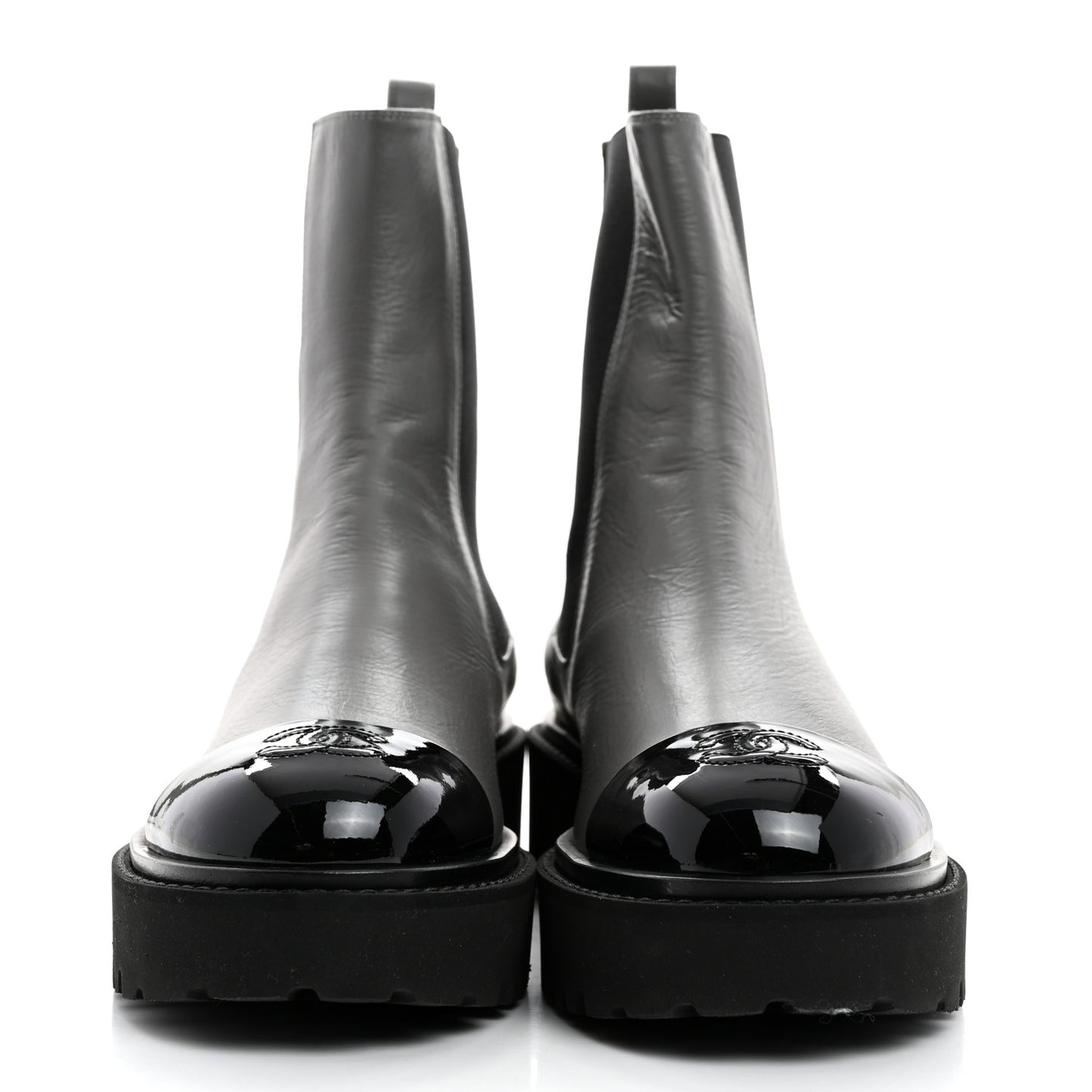 Crumpled Calfskin Patent Cap Toe Short Boots 39 Dark Grey Black