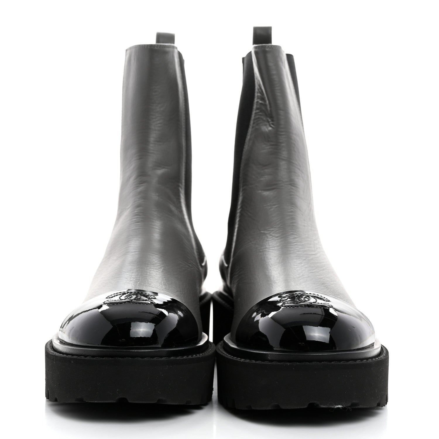 Chanel Crumpled Calfskin Patent Cap Toe Short Boots 39 Dark Grey Black 2 of 9