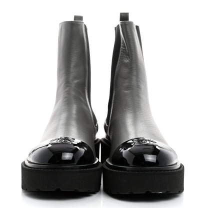 Chanel Crumpled Calfskin Patent Cap Toe Short Boots 39 Dark Grey Black 2 of 9