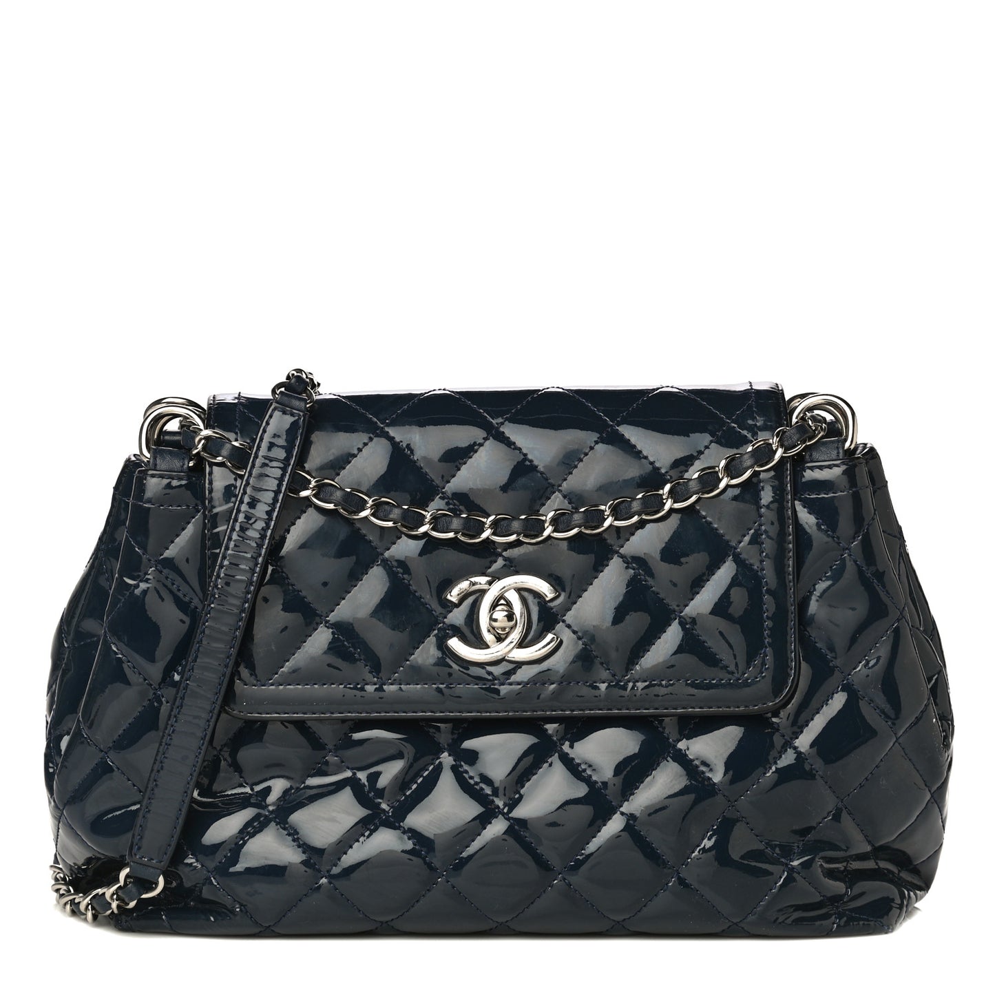Patent Quilted Large Coco Shine Accordion Flap Dark Navy Blue