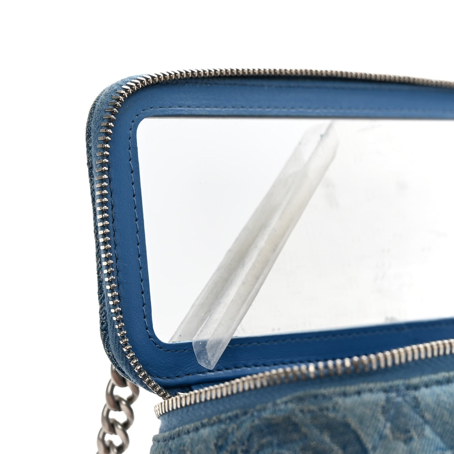 Denim Quilted Sweetheart Small Vanity Case With Chain Blue