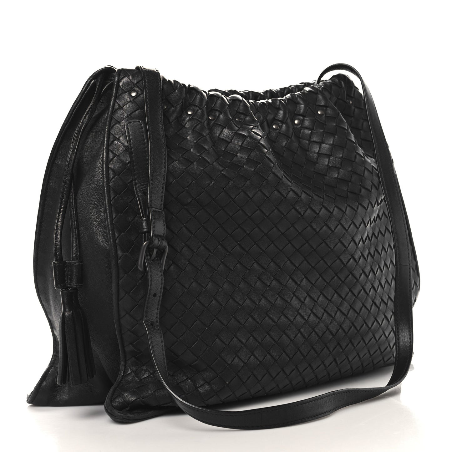 Nappa Intrecciato Medium Drawstring Tassel Tote Black