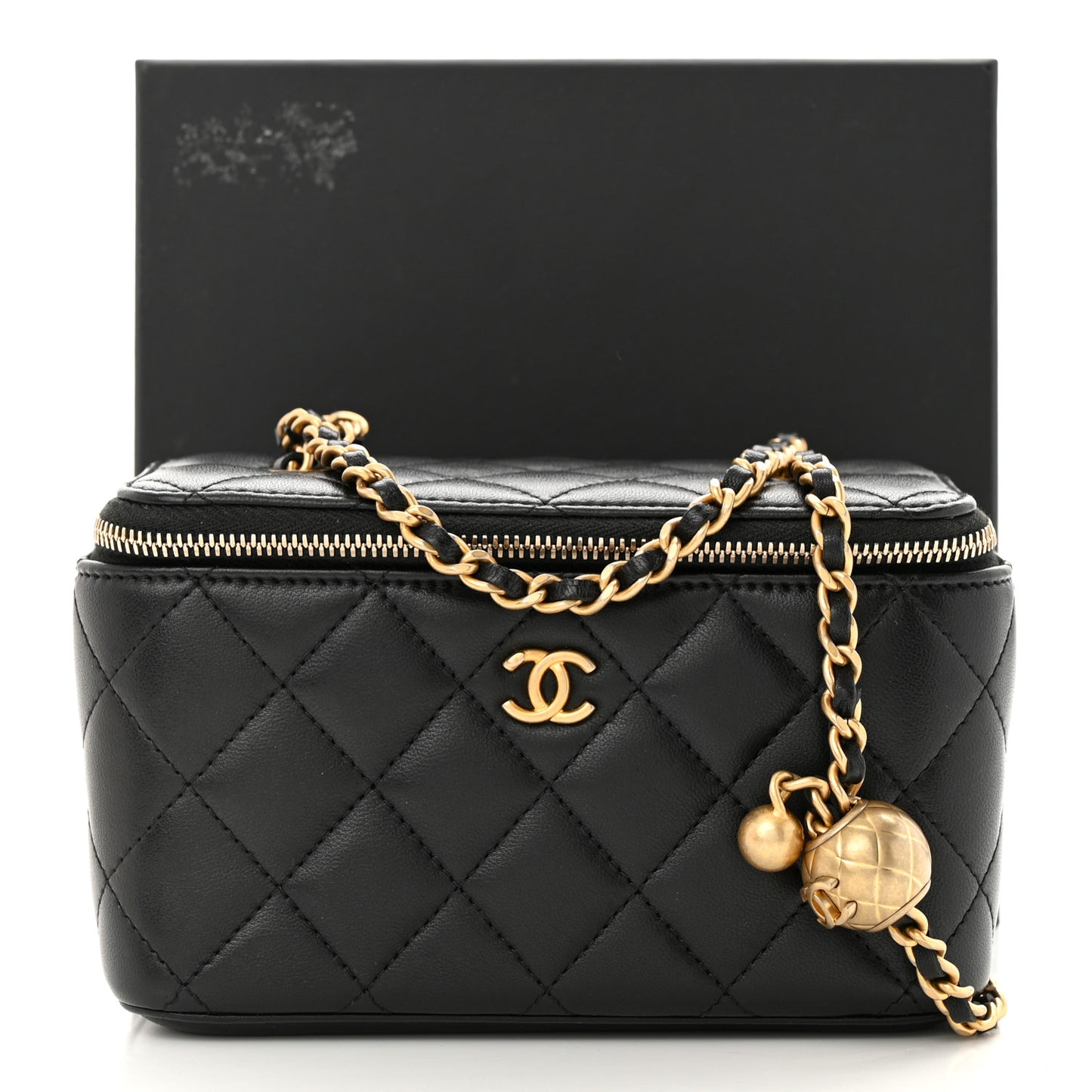 Lambskin Quilted Pearl Crush Small Vanity Case With Chain Black