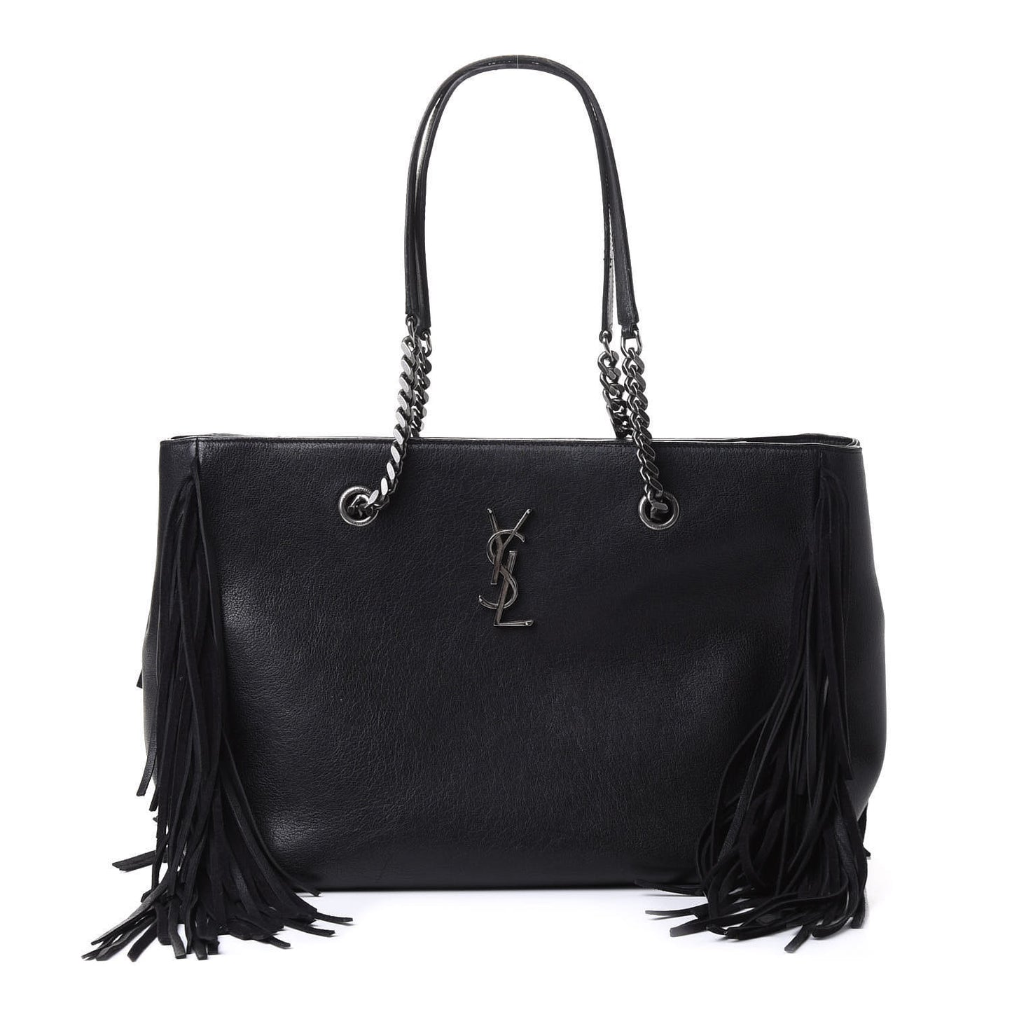 Calfskin Fringe Monogram Shopping Tote Black