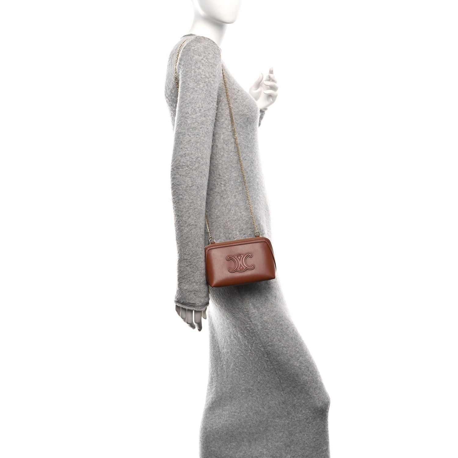 Celine Smooth Calfskin Cuir Triomphe Clutch on Chain Tan 2 of 8