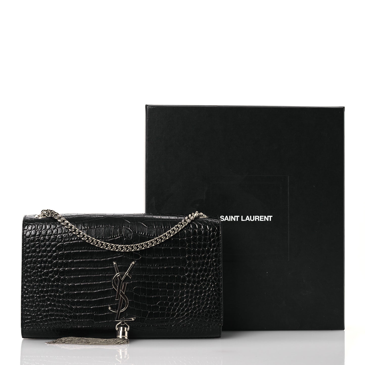 Calfskin Crocodile Embossed Medium Classic Monogram Kate Tassel Satchel Black