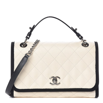 Chanel Caviar Grosgrain Quilted Top Handle CC Flap Beige Black 1 of 9