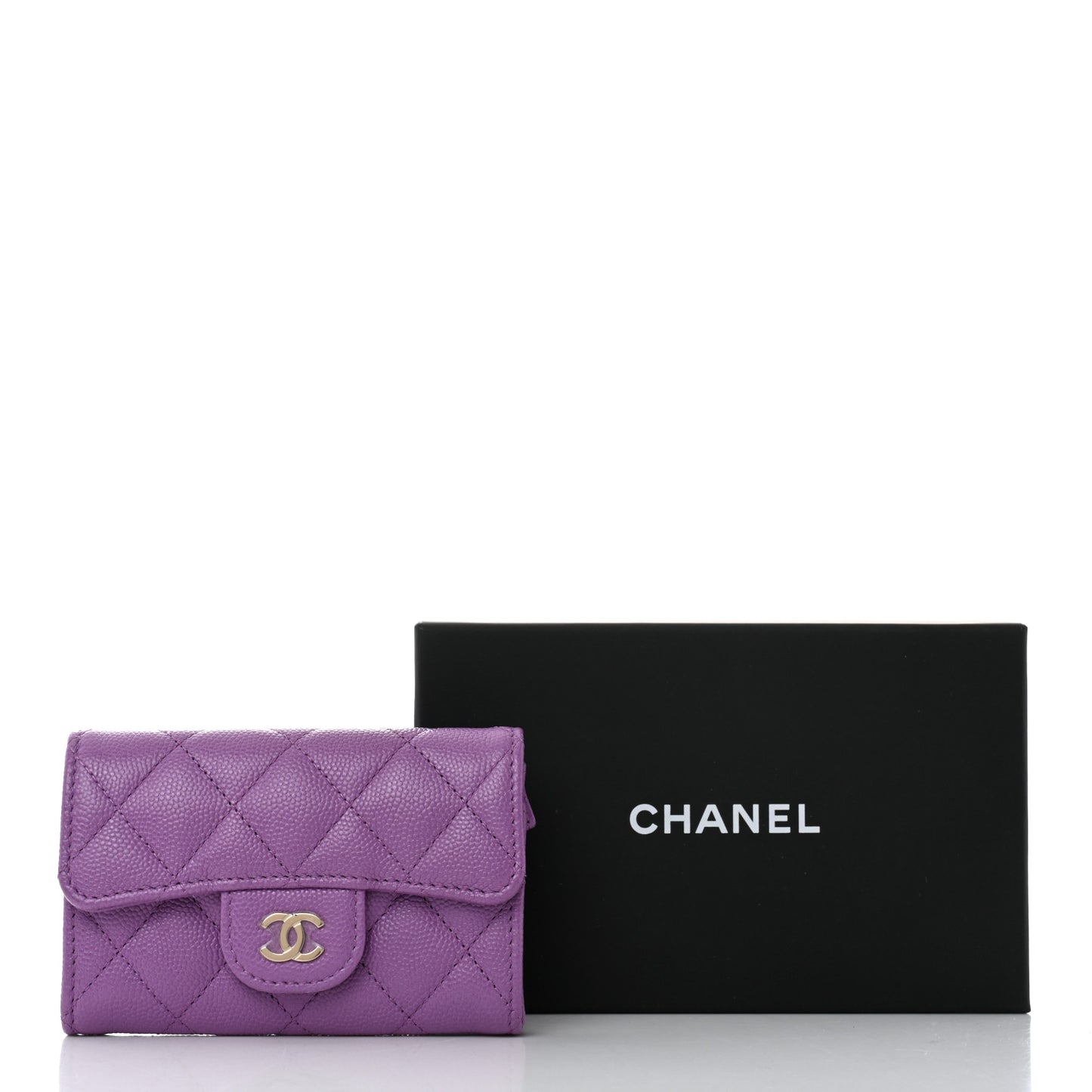 Caviar Quilted Flap Card Holder Wallet Purple