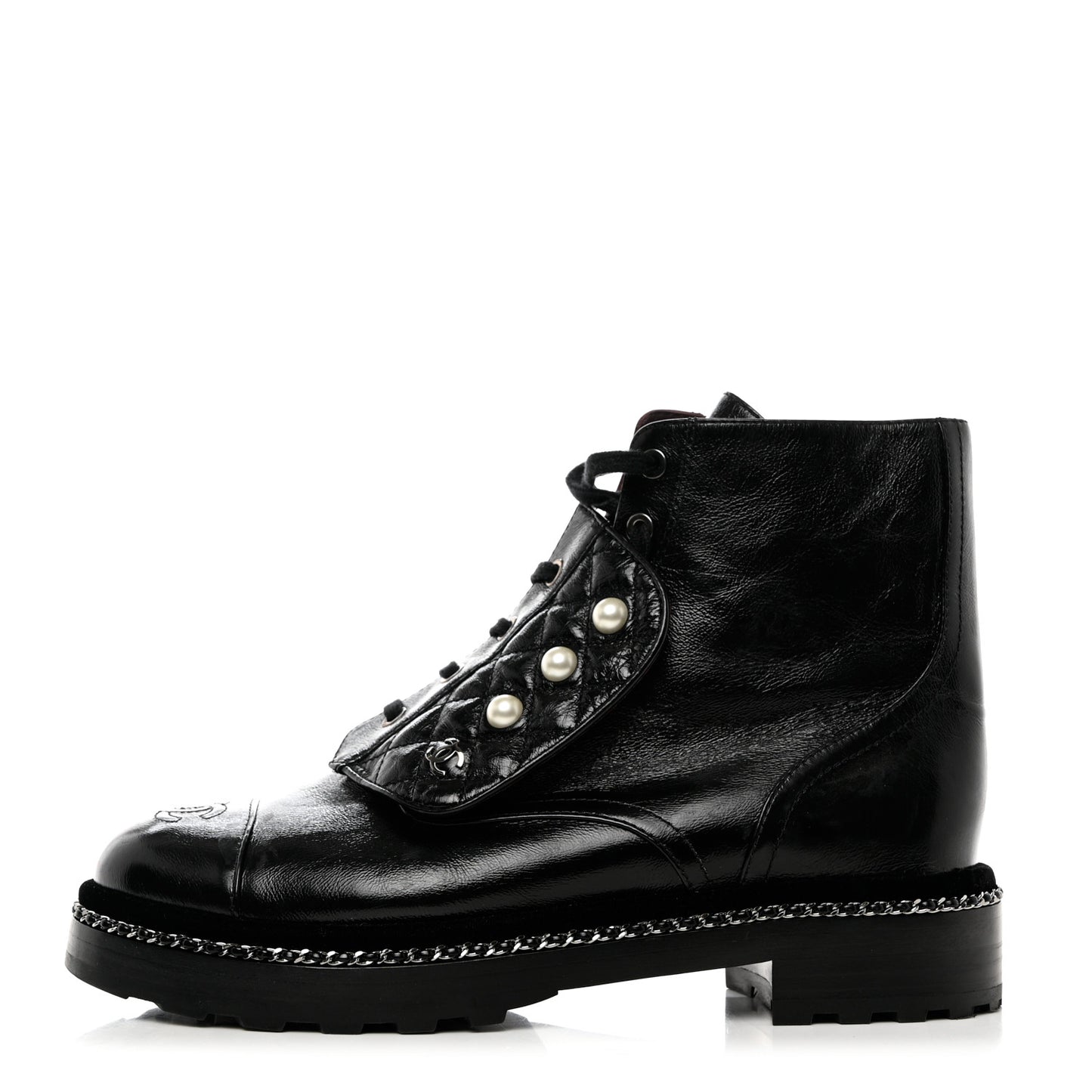 Crackled Calfskin Velvet Pearl Combat Short Boots 41 Black