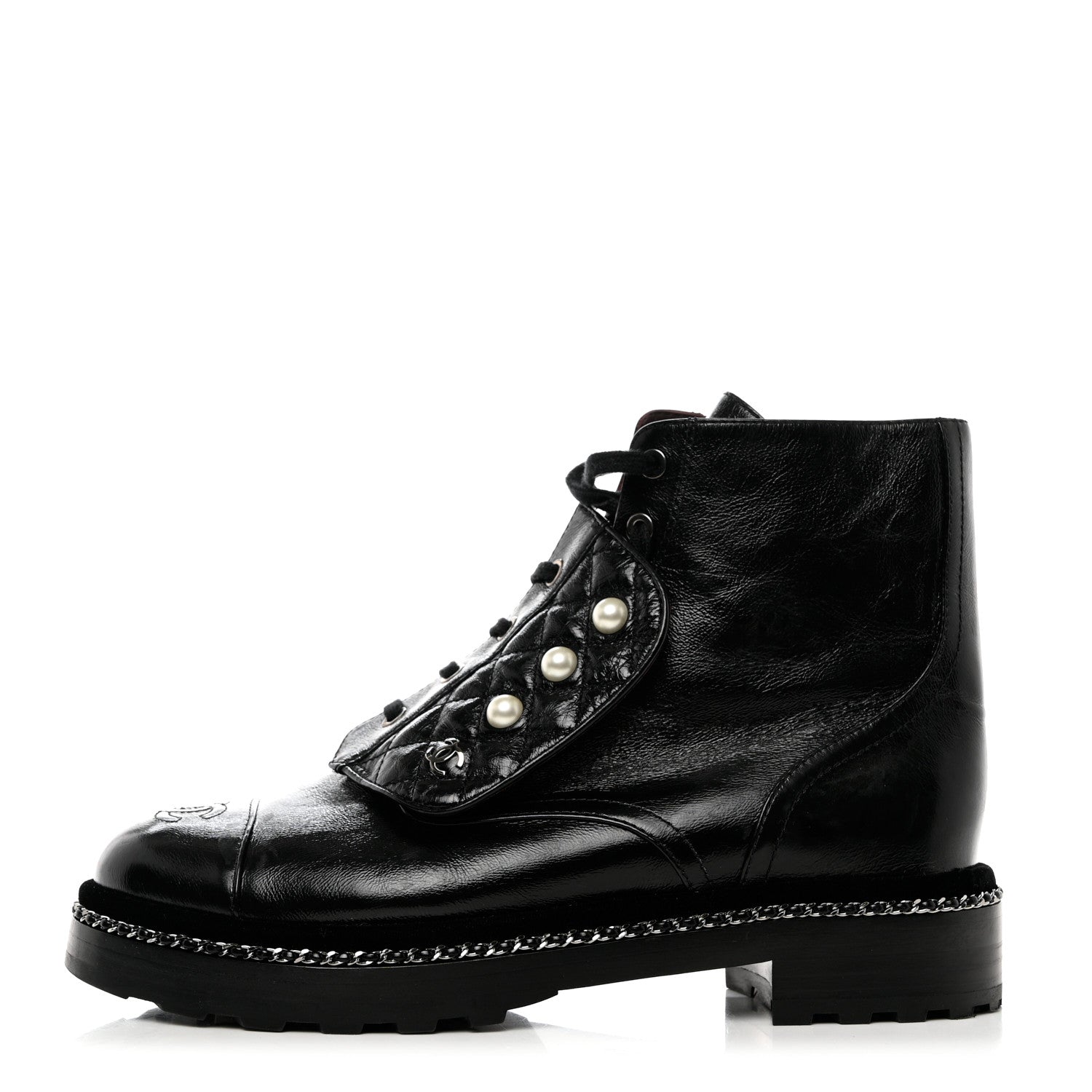 Chanel Crackled Calfskin Velvet Pearl Combat Short Boots 41 Black 1 of 8