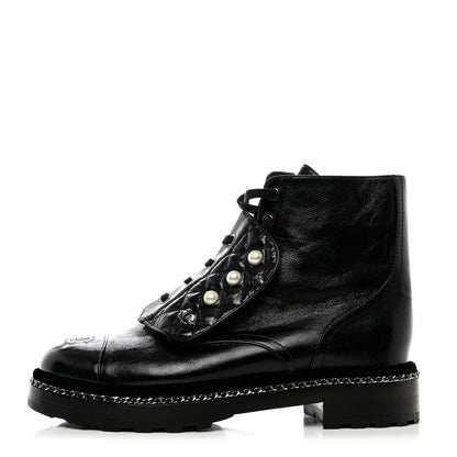 Chanel Crackled Calfskin Velvet Pearl Combat Short Boots 41 Black 1 of 8