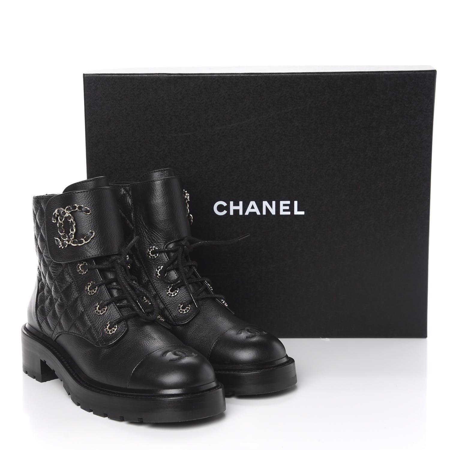 Chanel Shiny Goatskin Calfskin Quilted Lace Up Combat Boots 40 Black 10 of 10