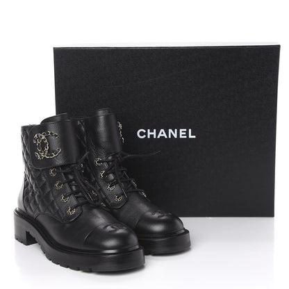 Chanel Shiny Goatskin Calfskin Quilted Lace Up Combat Boots 40 Black 10 of 10