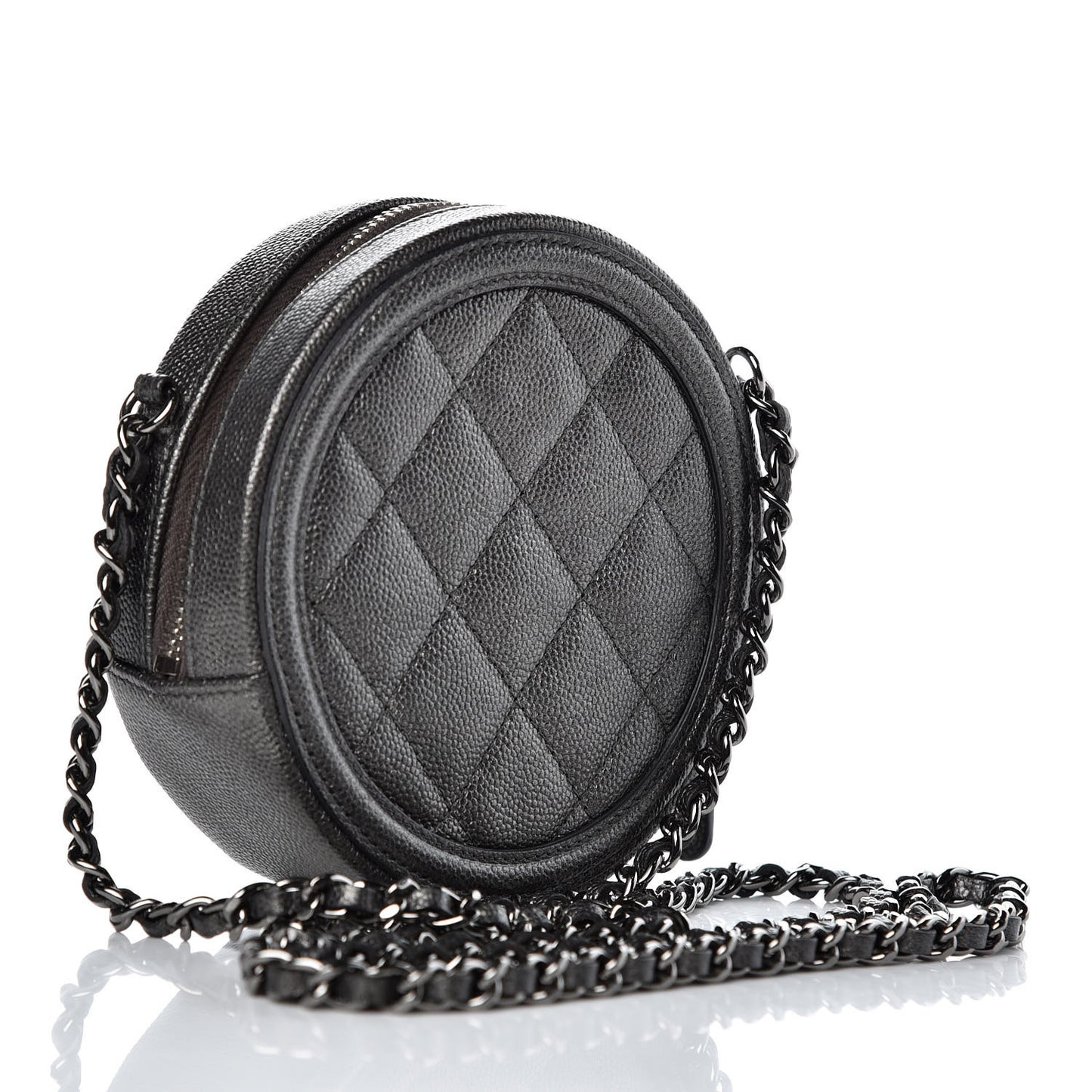 Metallic Caviar Quilted Round Filigree Crossbody Dark Silver