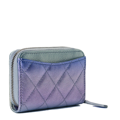 Chanel Gradient Metallic Calfskin Quilted Zip Around Coin Purse Wallet Silver Blue Yellow Purple 3 of 9