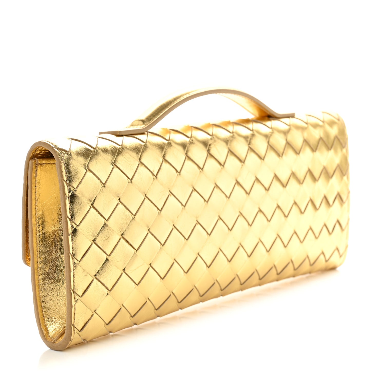 Metallic Lambskin Intrecciato Long Andiamo Top Handle Clutch Gold