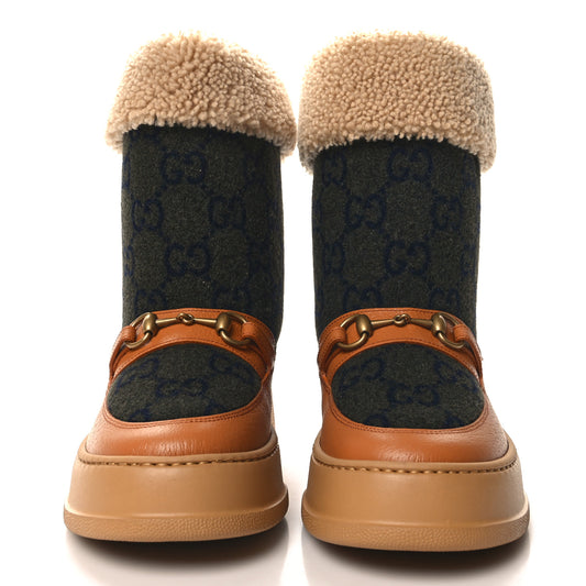 Covered Wool Monogram Textured Dollar Calfskin Shearling Horsebit Snow Boots 39.5 Underwood Blue Hazel Brown
