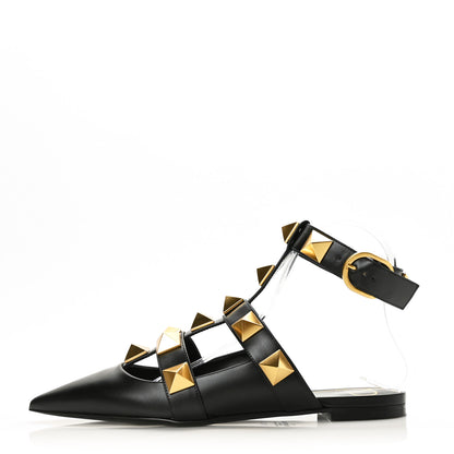 Valentino Garavani Calfskin Roman Stud Ankle Strap Flat Mules 37.5 Black 1 of 7
