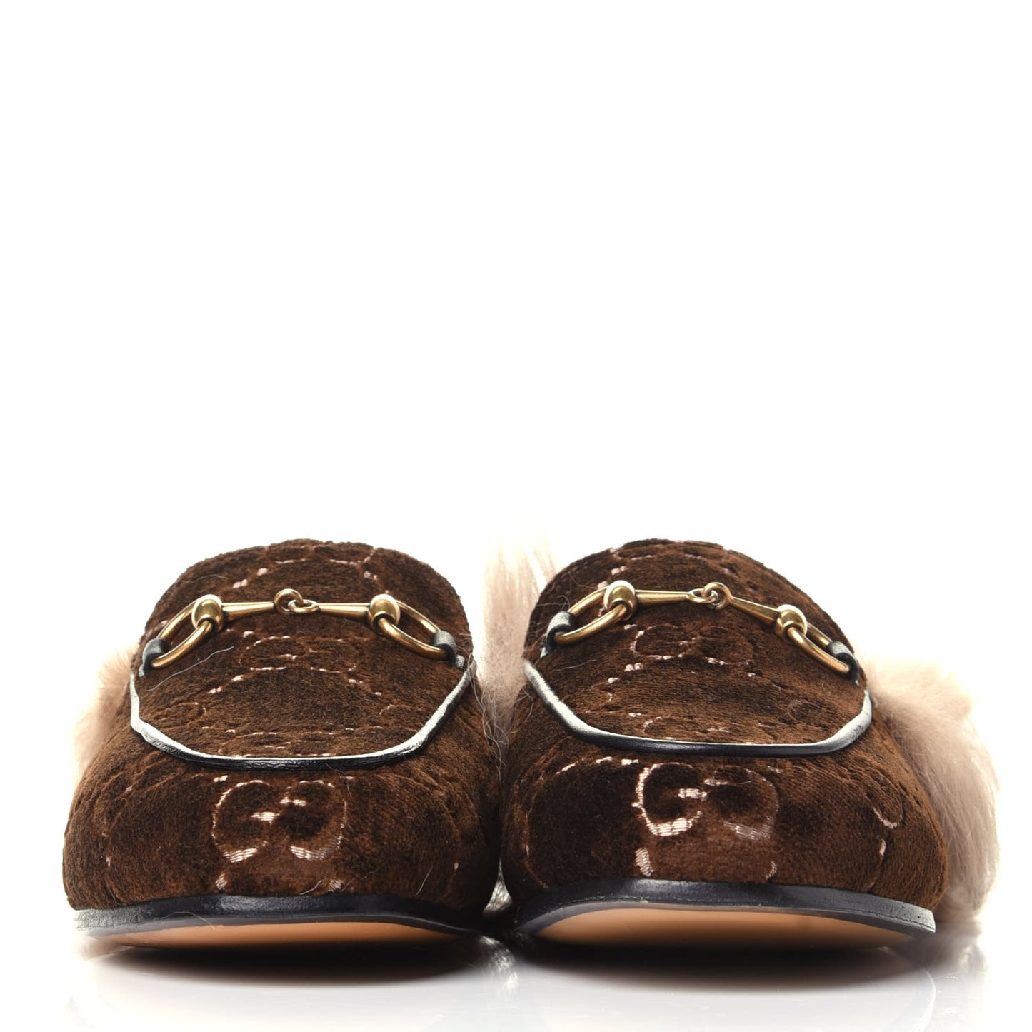 Velvet GG Monogram Fur Womens Princetown Slippers 35 Brown Black Natural