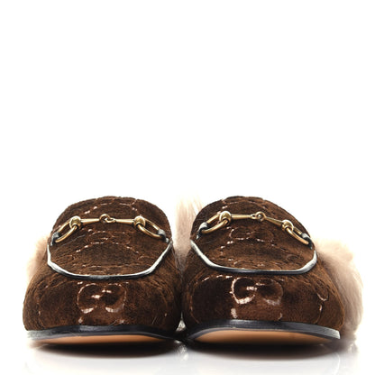 Gucci Velvet GG Monogram Fur Womens Princetown Slippers 35 Brown Black Natural 2 of 10