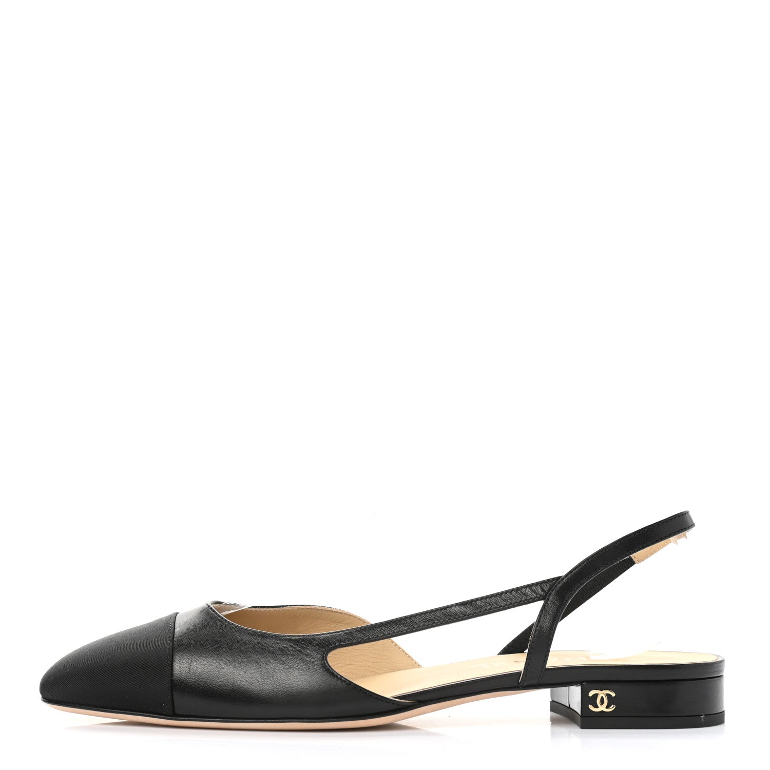 Chanel Goatskin Grosgrain Cap Toe CC Slingback Sandals 39.5 Black 1 of 8