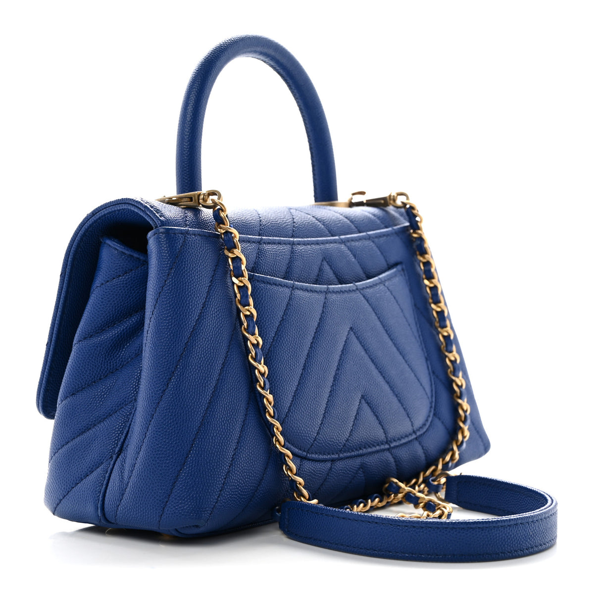 Caviar Chevron Quilted Mini Coco Handle Flap Blue