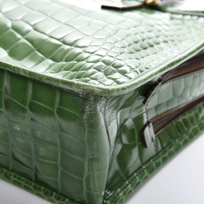 Prada Shiny Calfskin Crocodile Embossed Double Zip Bauletto Larice 11 of 15