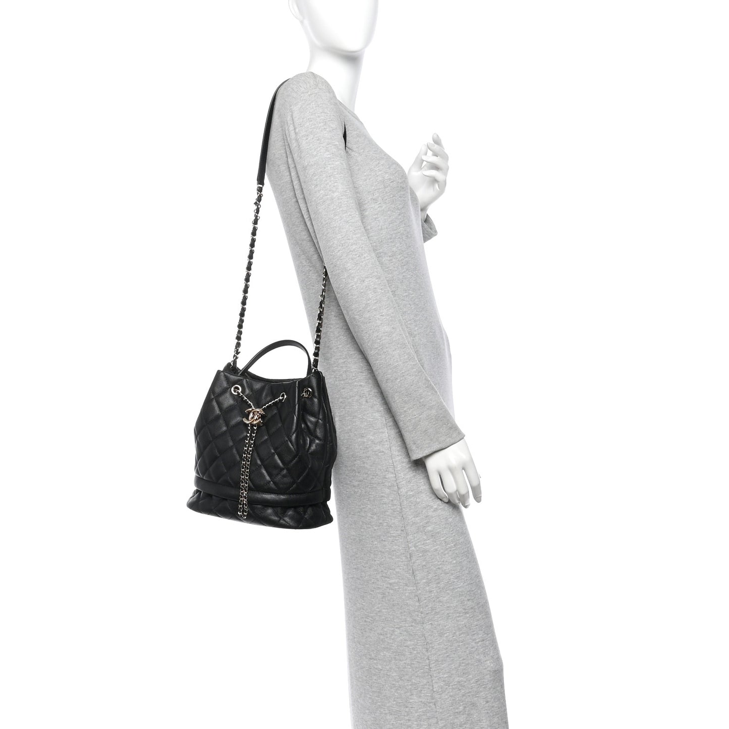 Caviar Quilted Large Rolled Up Bucket Drawstring Bag Black