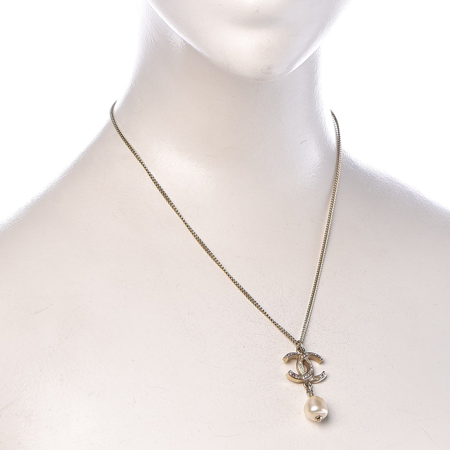 Pearl Crystal CC Drop Necklace Light Gold
