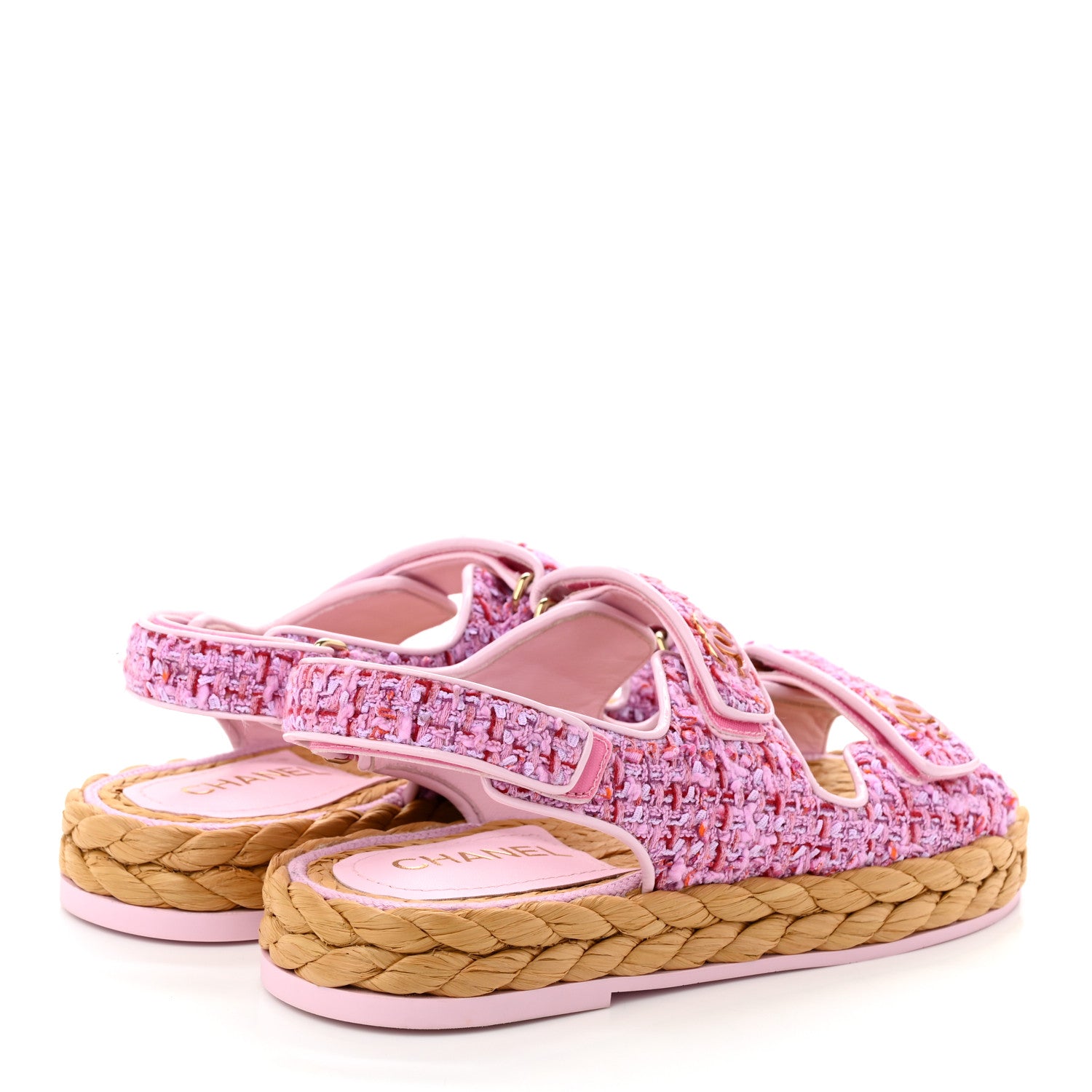 Chanel Tweed Lambskin Velcro Dad Sandals 39 Pink Multicolor 4 of 8