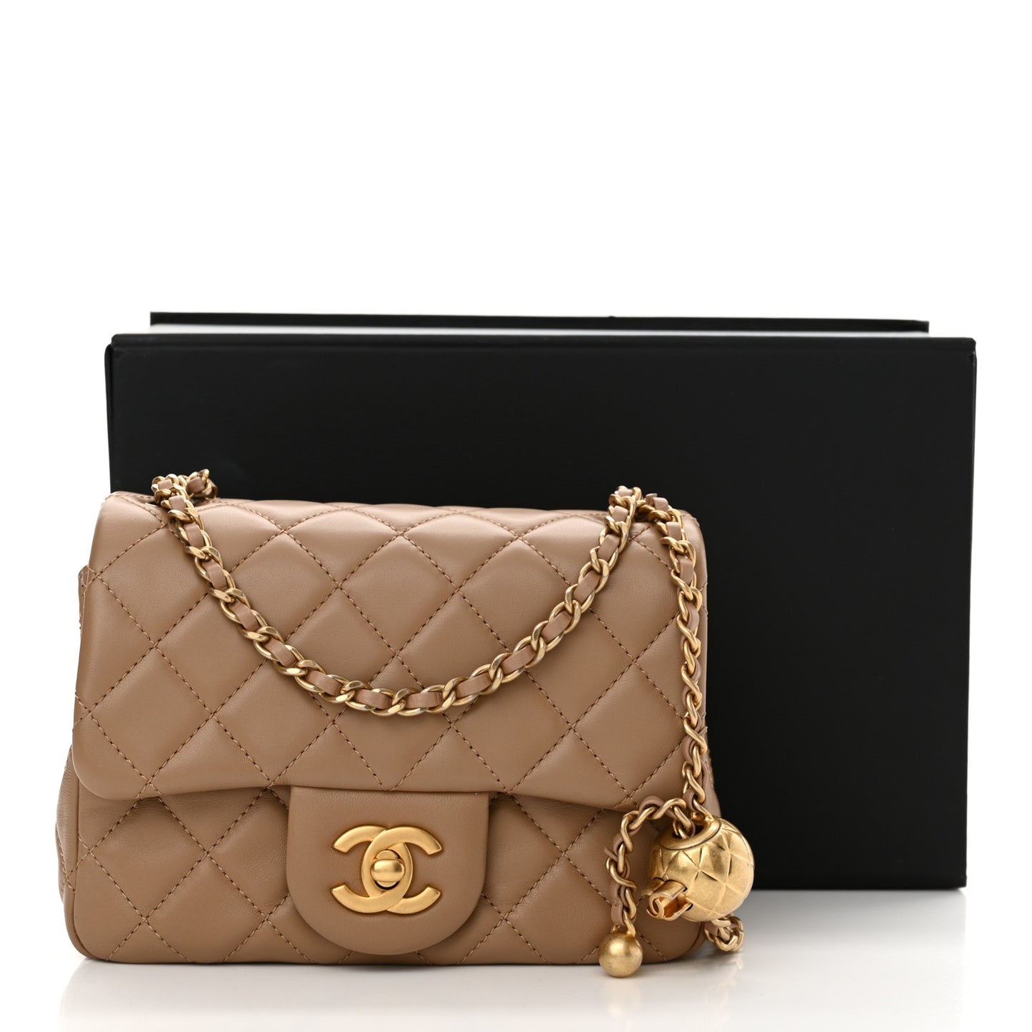 Lambskin Quilted Mini Pearl Crush Flap Dark Beige