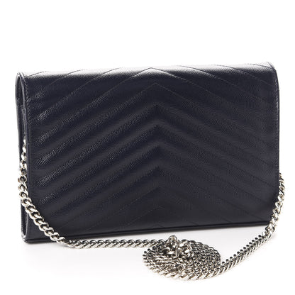Saint Laurent Grain De Poudre Matelasse Chevron Monogram Chain Wallet Deep Marine 3 of 11