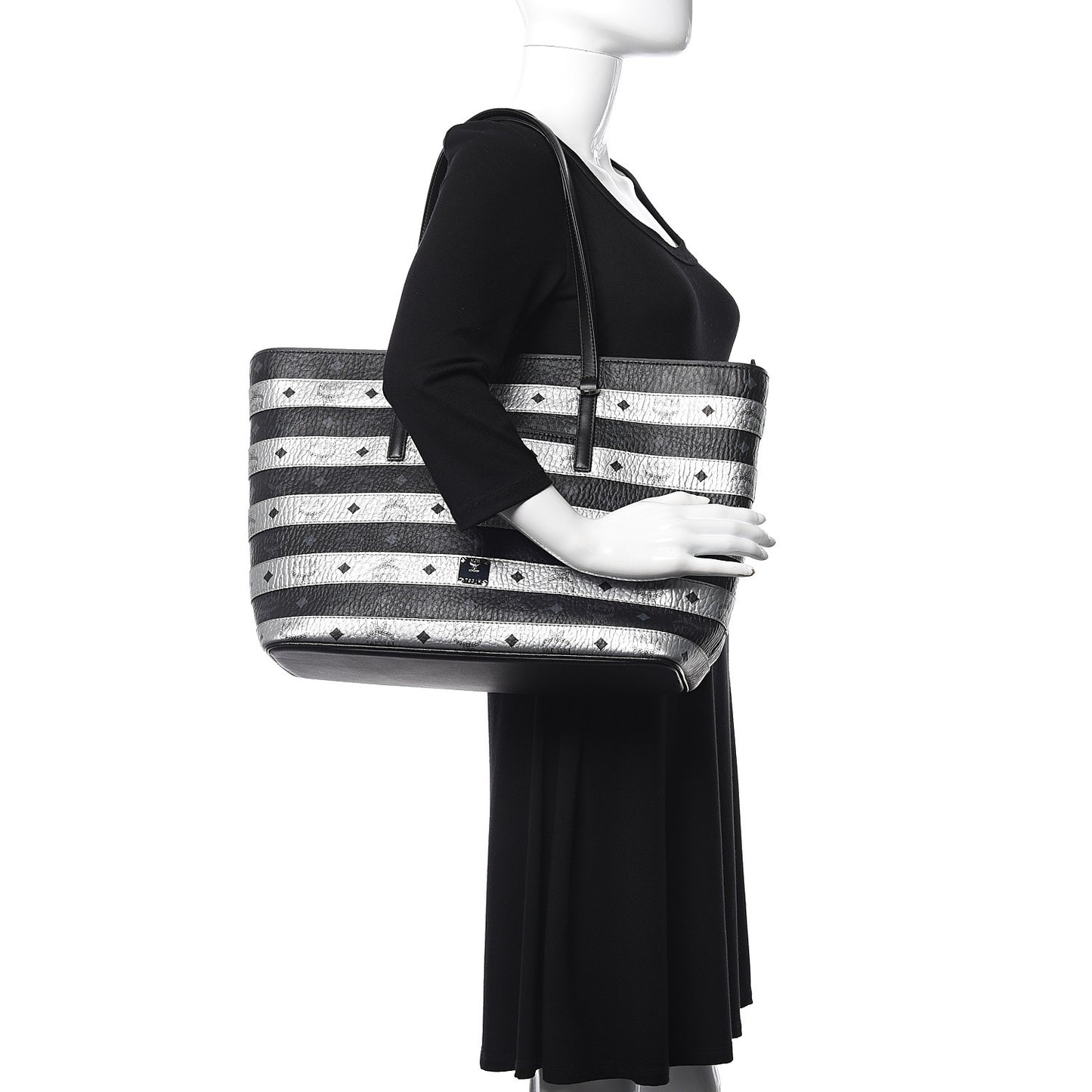 Metallic Visetos Striped Medium Anya Shopper Tote Black Silver