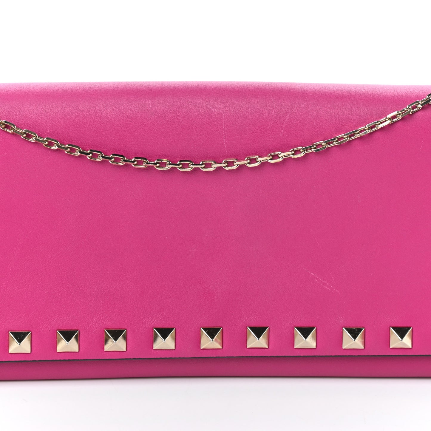 Calfskin Rockstud Flap Wallet On Chain Fuxia
