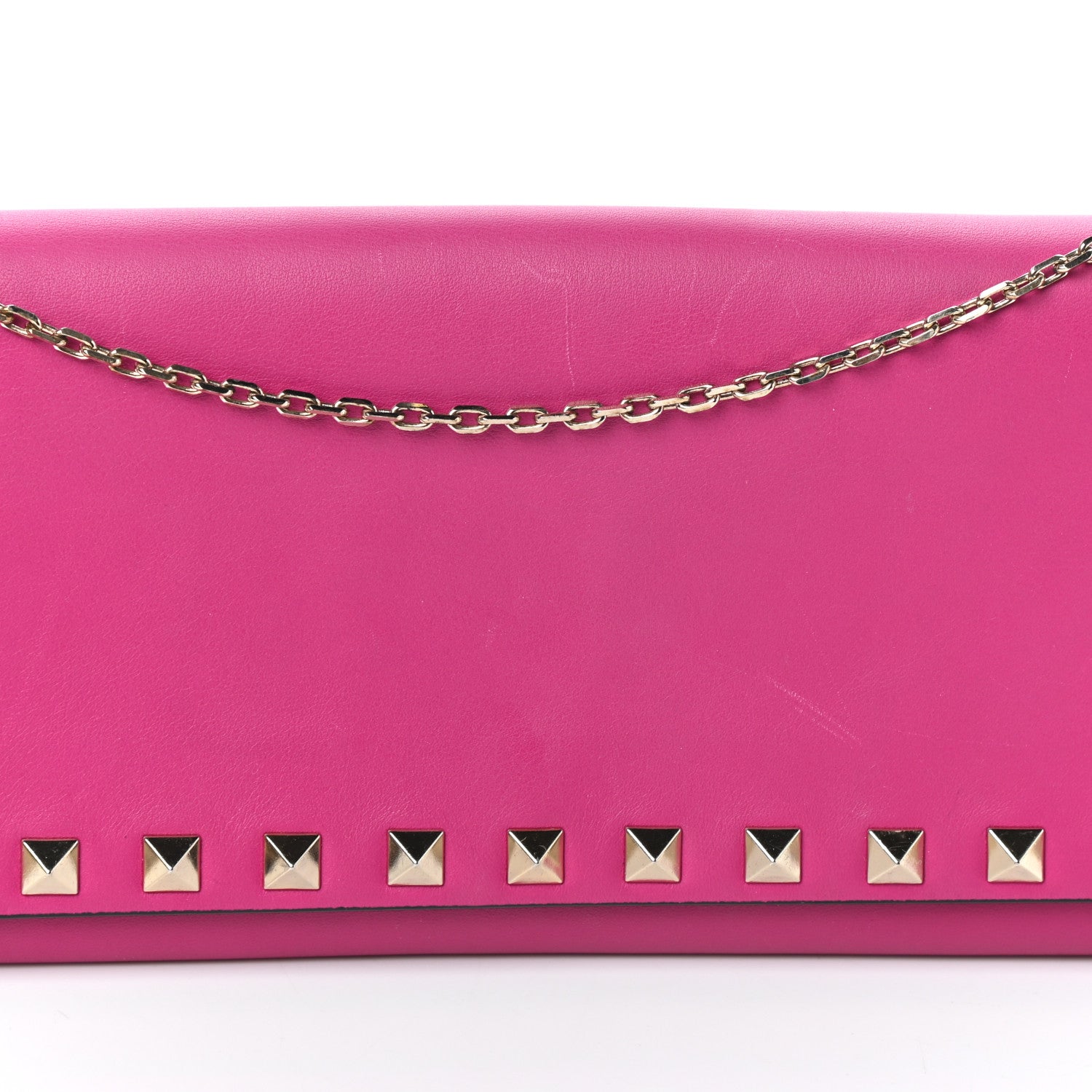 Valentino Garavani Calfskin Rockstud Flap Wallet On Chain Fuxia 7 of 9