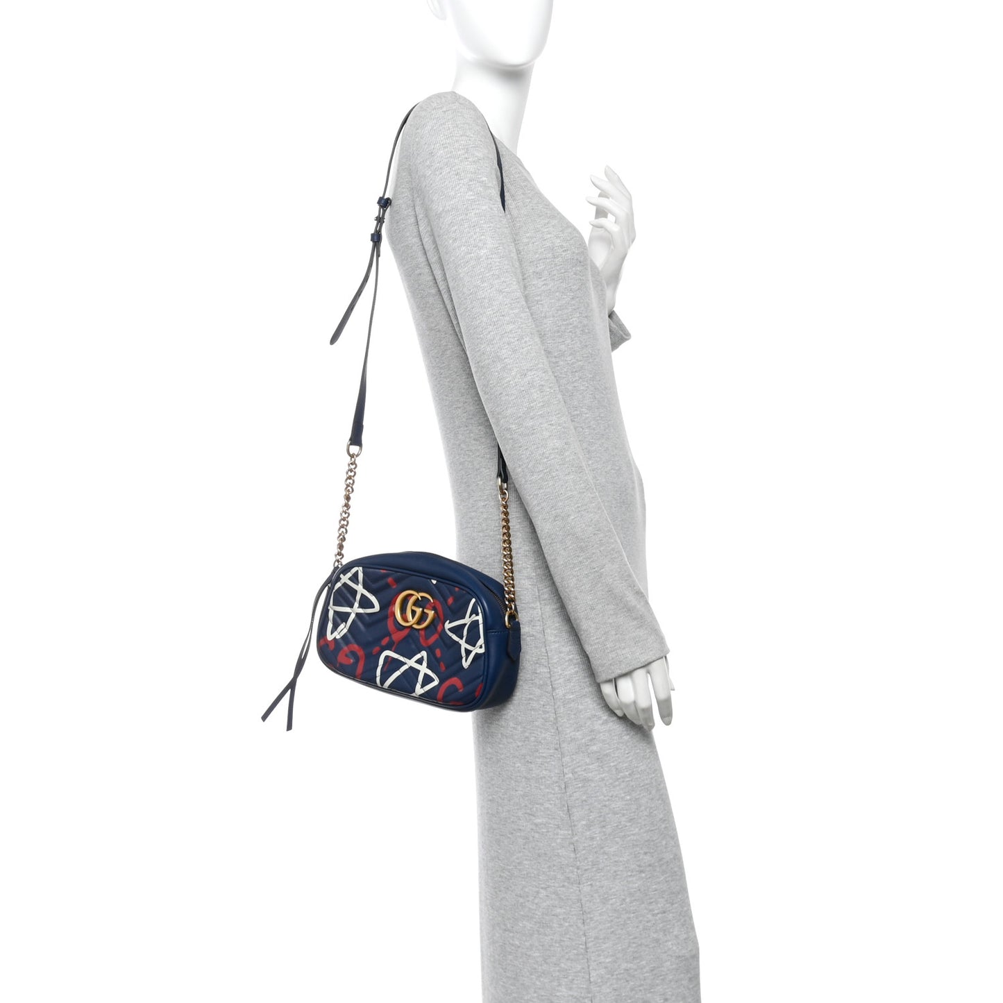 Calfskin Matelasse GucciGhost Small GG Marmont Chain Shoulder Bag Blue Agata Hibiscus Red