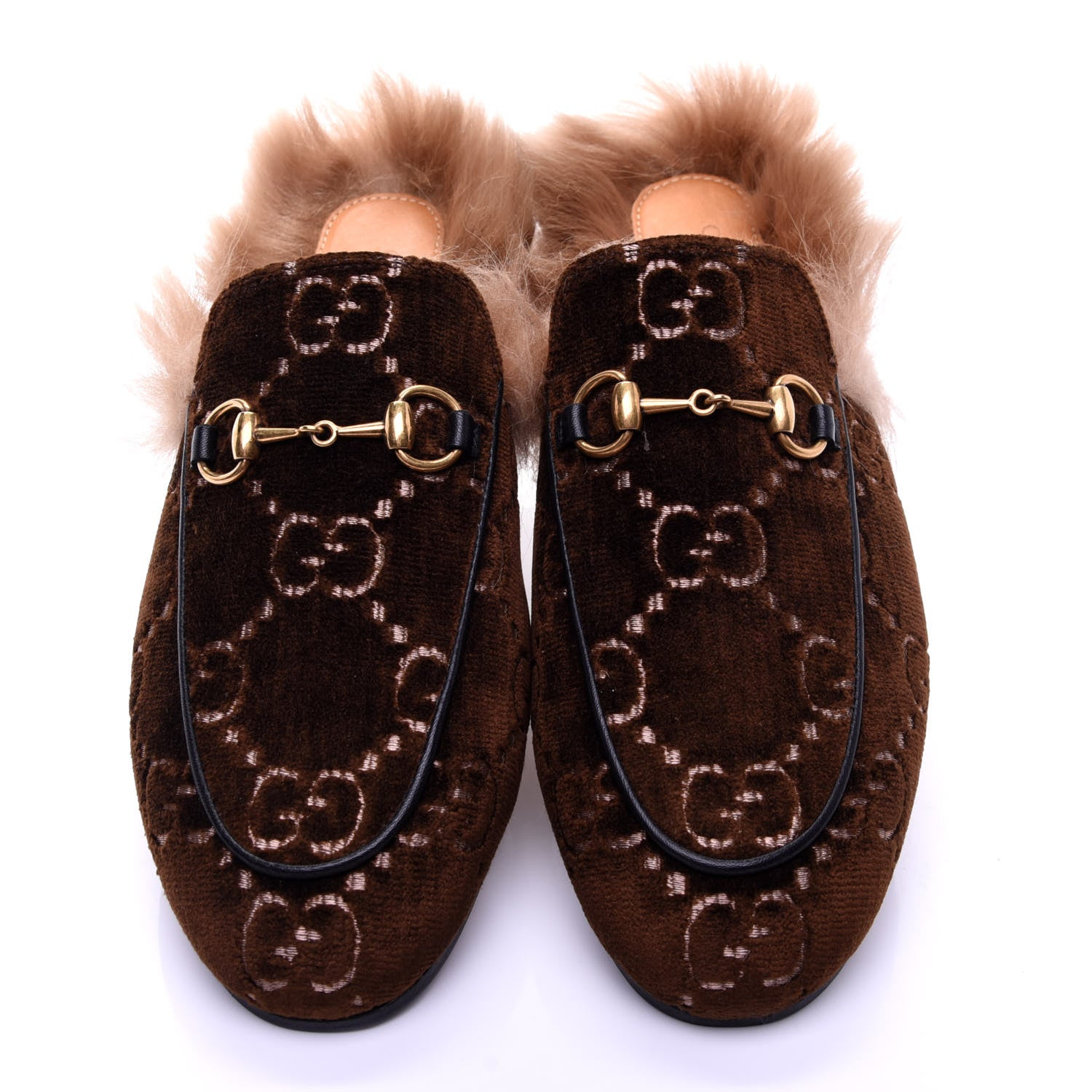 Gucci Velvet GG Monogram Fur Womens Princetown Slippers 37.5 Brown Black Natural 13 of 20