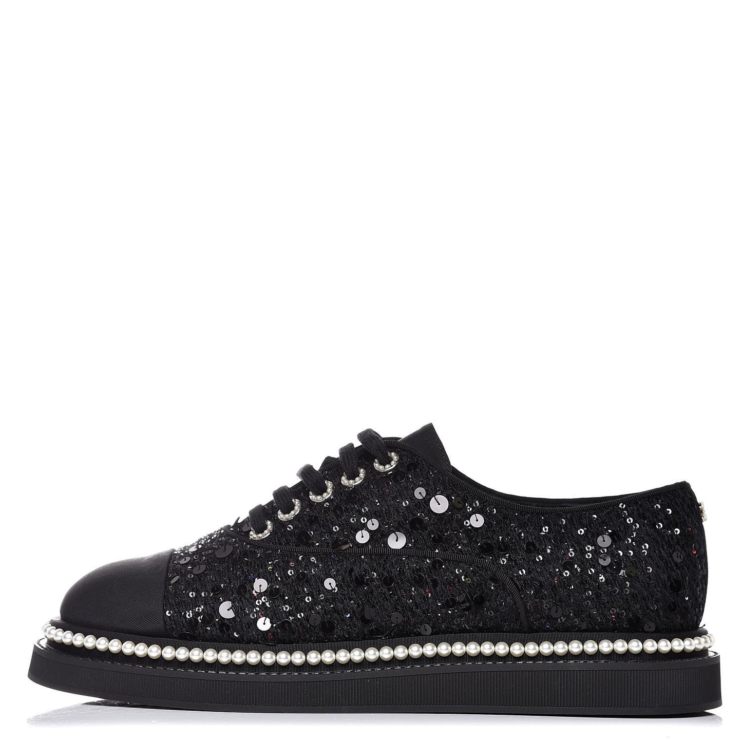 Tweed Grosgrain Sequin Pearl Lace Up Sneakers 42 Black
