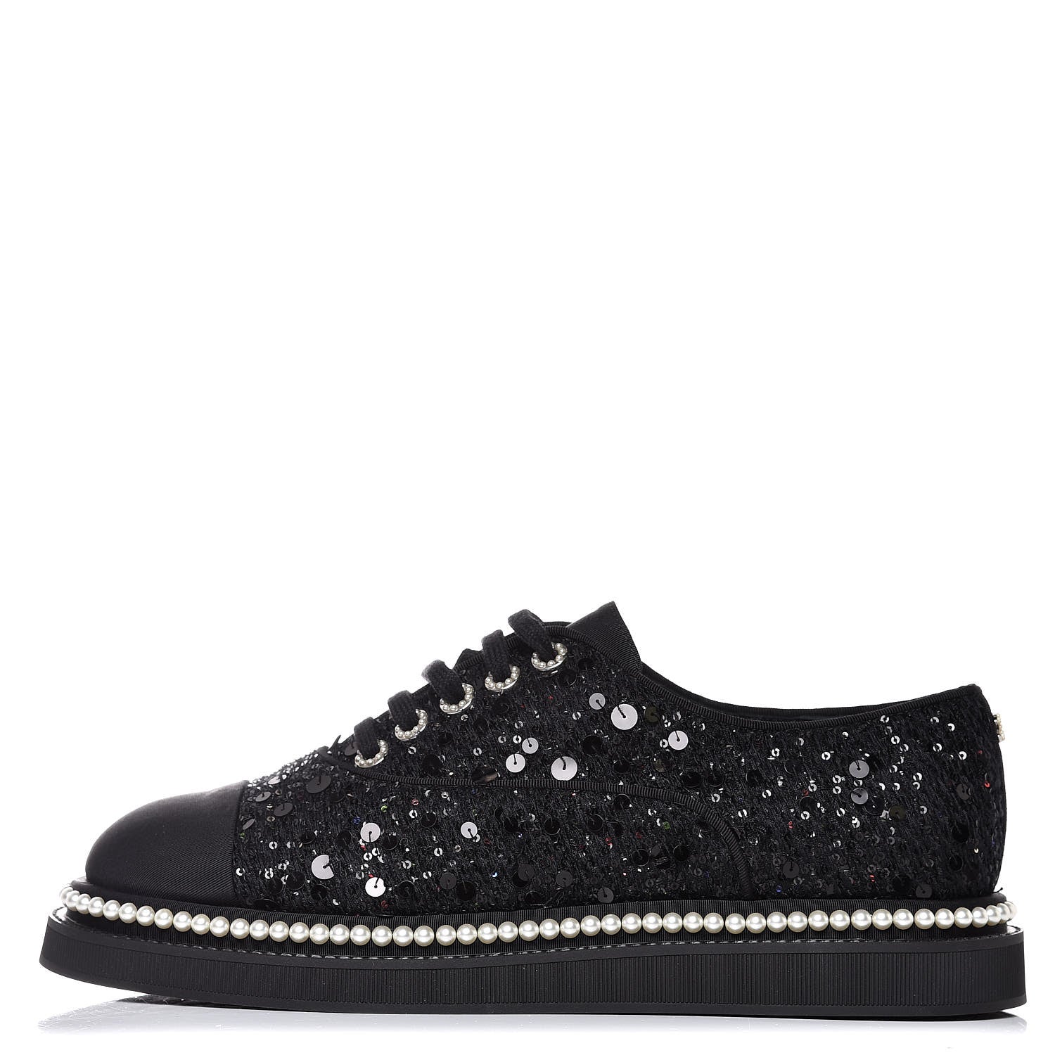 Chanel Tweed Grosgrain Sequin Pearl Lace Up Sneakers 42 Black 1 of 10