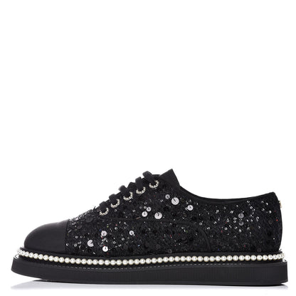 Chanel Tweed Grosgrain Sequin Pearl Lace Up Sneakers 42 Black 1 of 10
