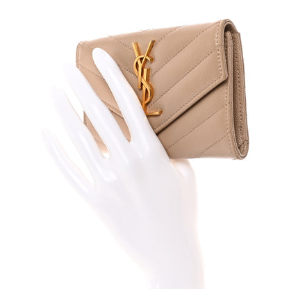 Saint Laurent Grain De Poudre Matelasse Chevron Small Monogram Envelope Wallet Dark Beige 2 of 13