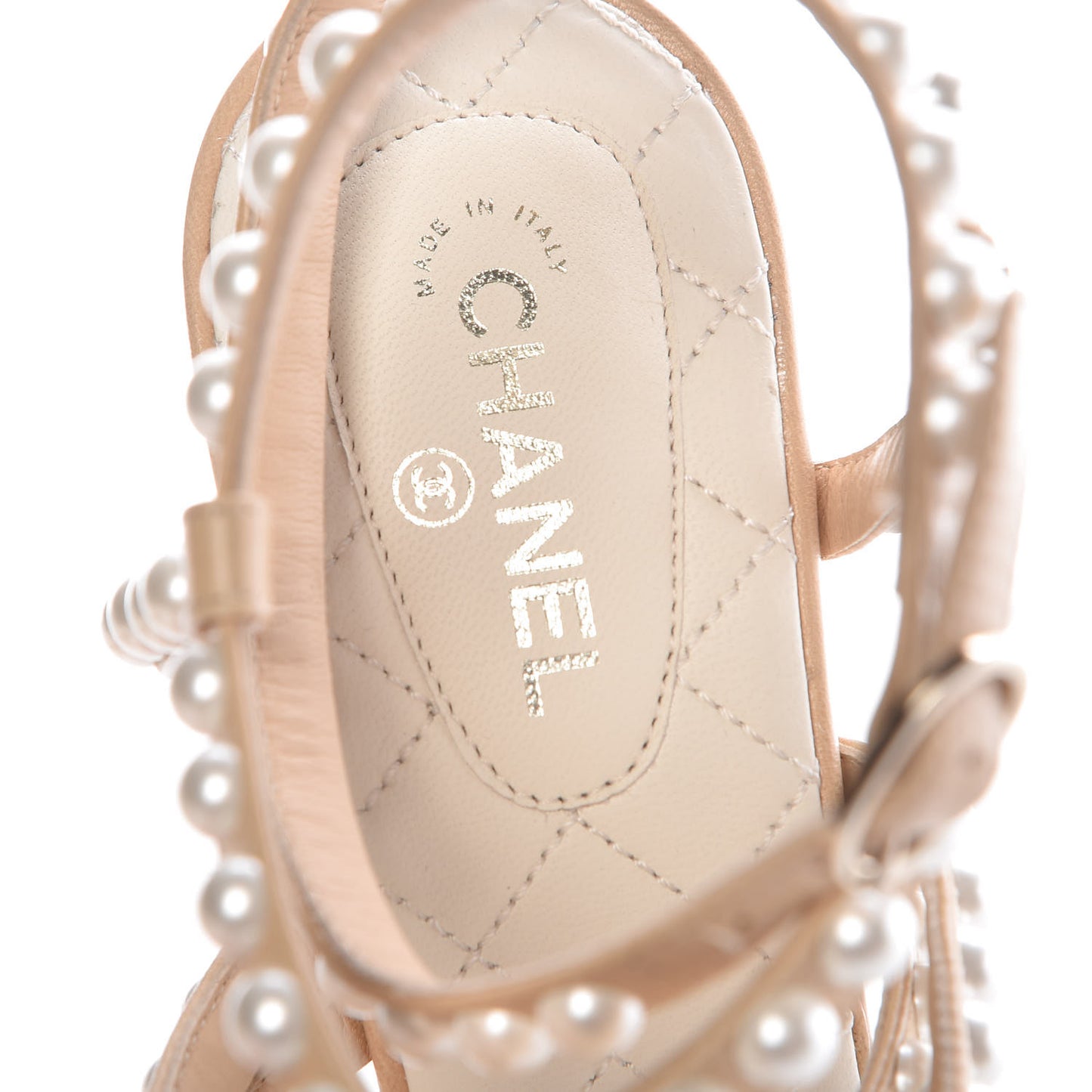 Goatskin Quilted Pearl Sandals 38 Beige